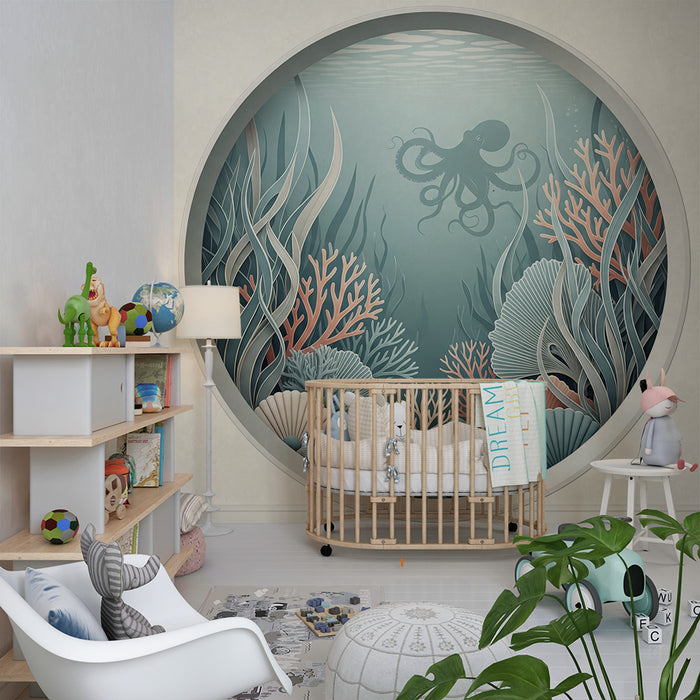 Behang kinderkamer | Onderwaterwereld met een octopus en kleurrijke schelpen