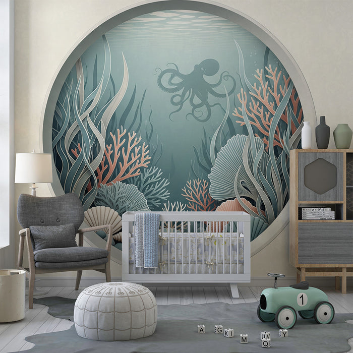 Behang kinderkamer | Onderwaterwereld met een octopus en kleurrijke schelpen