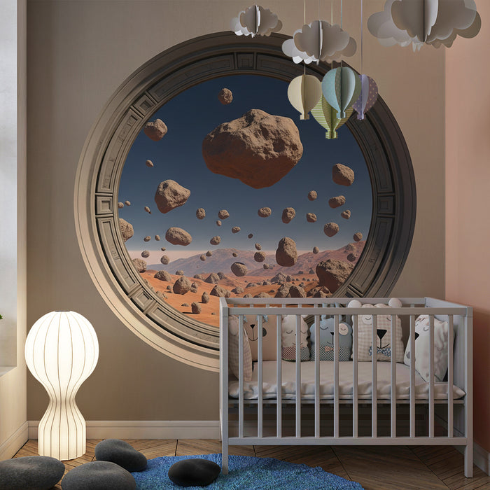 Papier peint chambre enfant | Exploration spatiale avec astéroïdes flottants