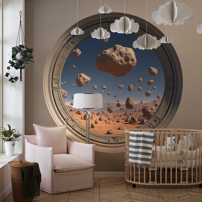 Papier peint chambre enfant | Exploration spatiale avec astéroïdes flottants