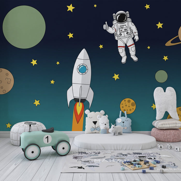 Tapeta dětského pokoje | Vesmírný výzkum s astronautem a raketou