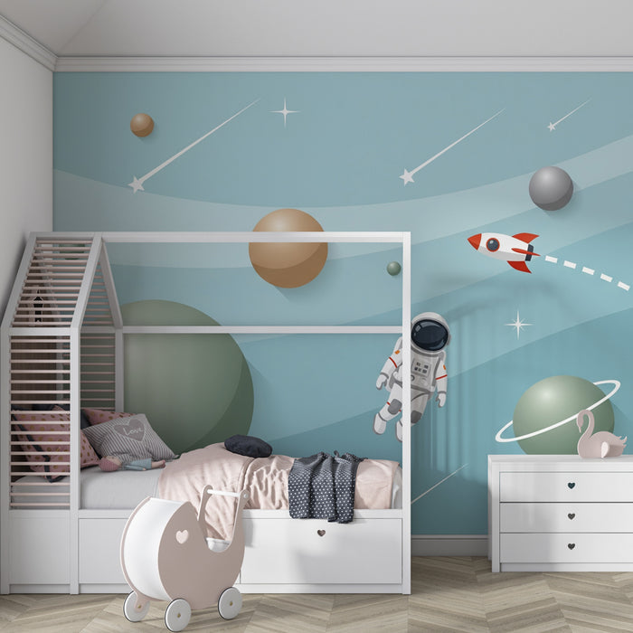 Lastenhuoneen tapetti | Avaruuden tutkimus astronautin ja rakettien kanssa