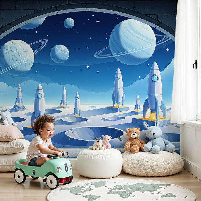 Children's bedroom wallpaper | Space exploration with rockets and planets
