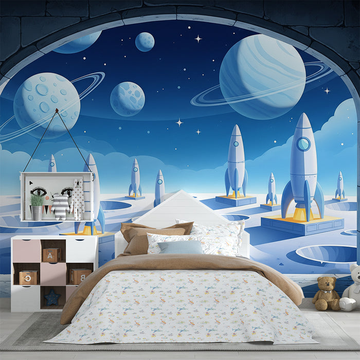 Children's bedroom wallpaper | Space exploration with rockets and planets