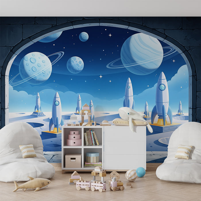 Children's bedroom wallpaper | Space exploration with rockets and planets