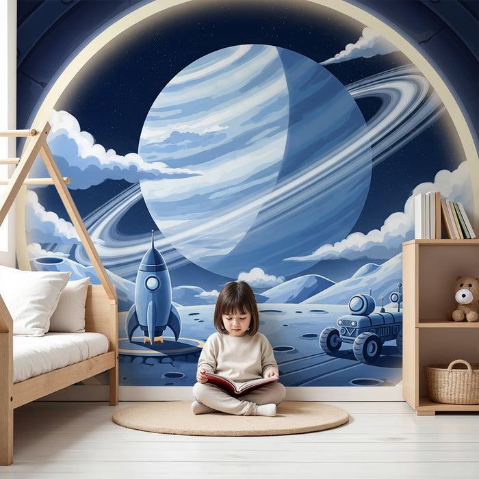 Children's bedroom wallpaper | Space exploration with rocket and giant planet