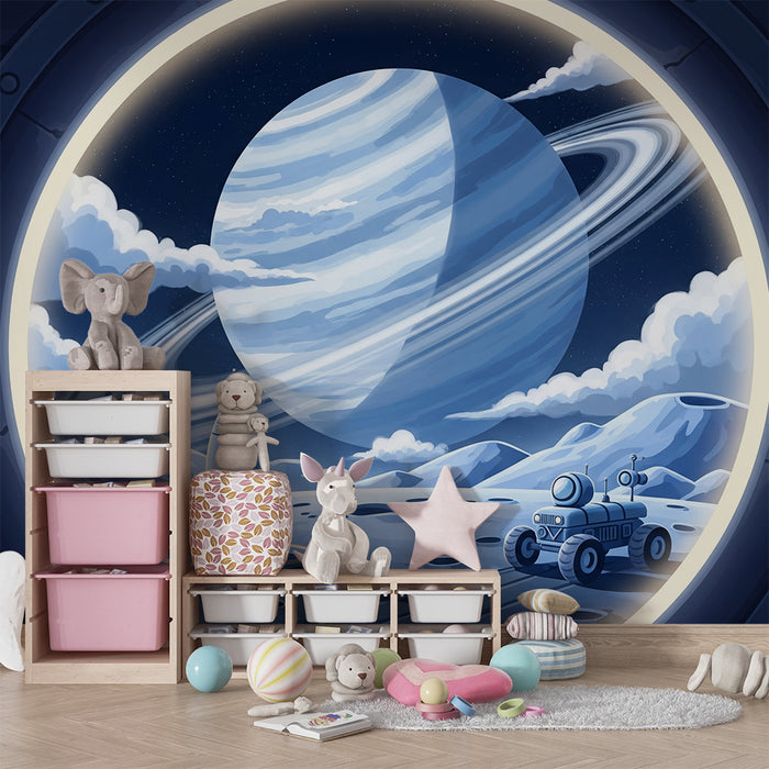 Children's bedroom wallpaper | Space exploration with rocket and giant planet