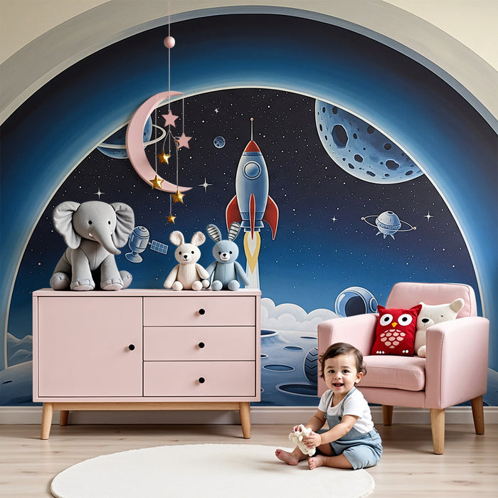 Papier peint chambre enfant | Exploration spatiale avec fusée et robot sur la lune