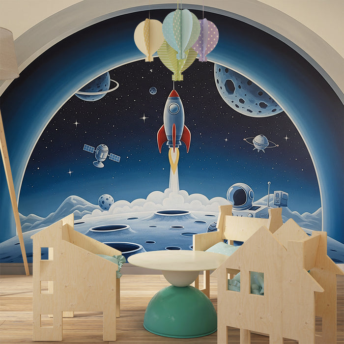 Papier peint chambre enfant | Exploration spatiale avec fusée et robot sur la lune