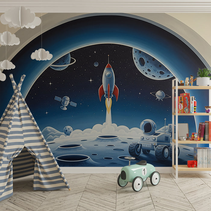 Papier peint chambre enfant | Exploration spatiale avec fusée et robot sur la lune