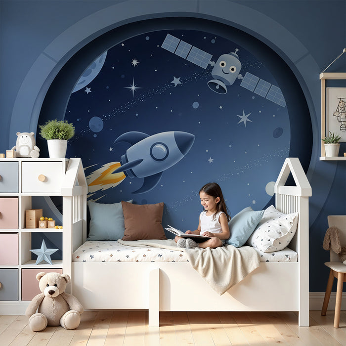 Papier peint chambre enfant | Exploration spatiale avec fusée et satellite