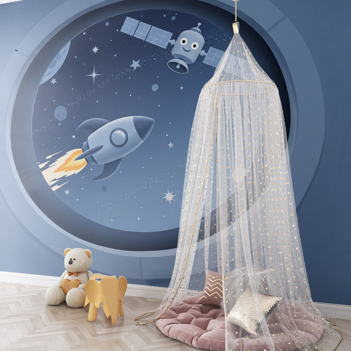 Papier peint chambre enfant | Exploration spatiale avec fusée et satellite