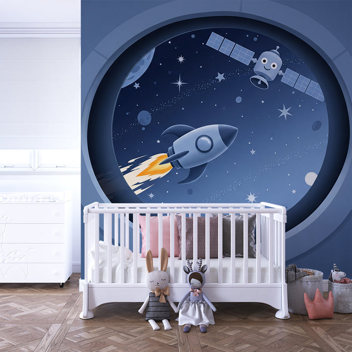 Papier peint chambre enfant | Exploration spatiale avec fusée et satellite