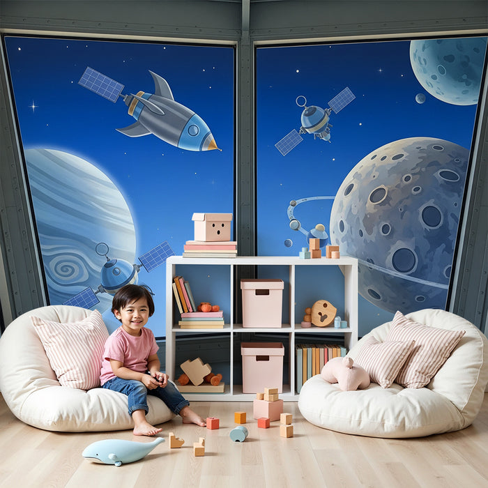 Papier peint chambre enfant | Exploration spatiale avec fusées dans l’univers