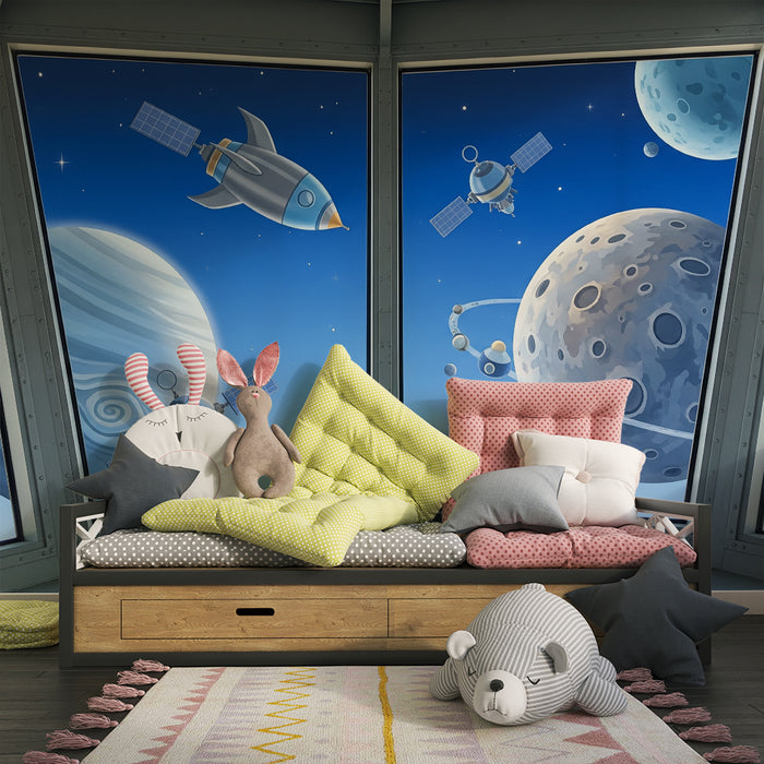 Papier peint chambre enfant | Exploration spatiale avec fusées dans l’univers