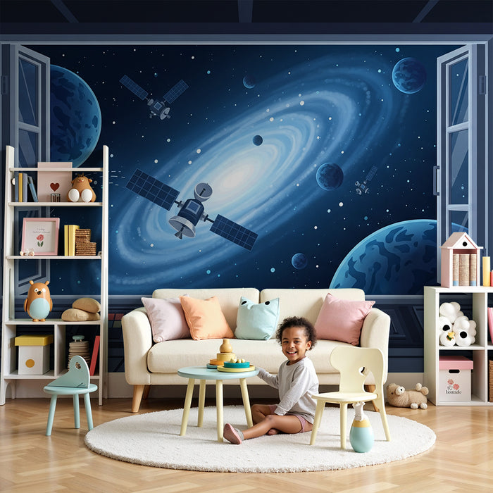 Tapete Kinderzimmer | Weltraumerkundung mit Galaxien und Satelliten