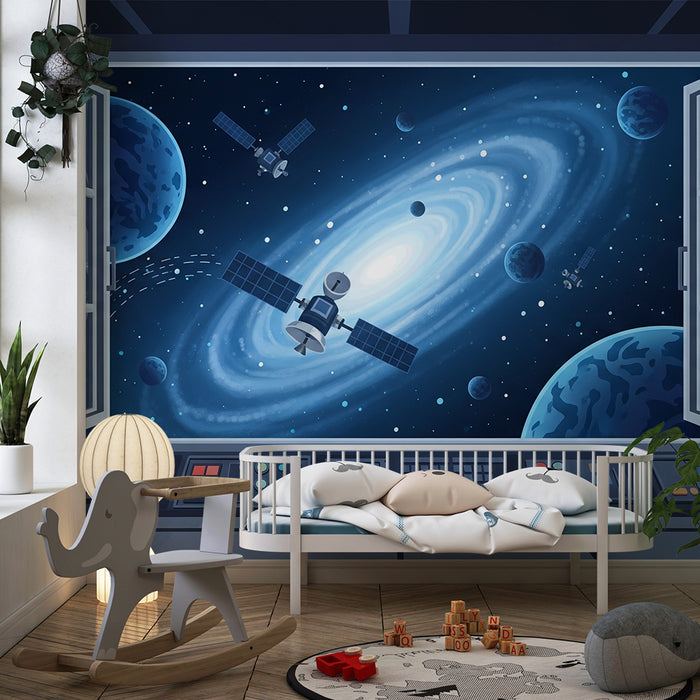 Tapete Kinderzimmer | Weltraumerkundung mit Galaxien und Satelliten