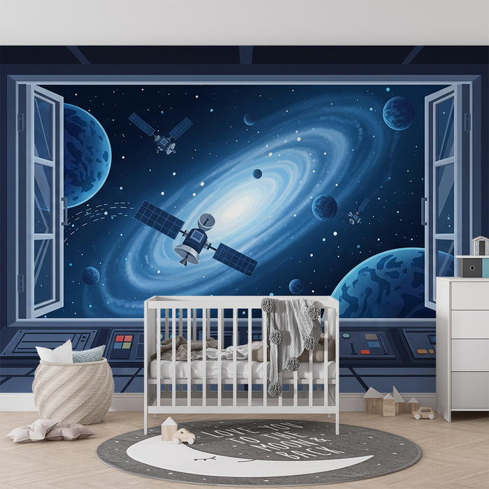Tapete Kinderzimmer | Weltraumerkundung mit Galaxien und Satelliten