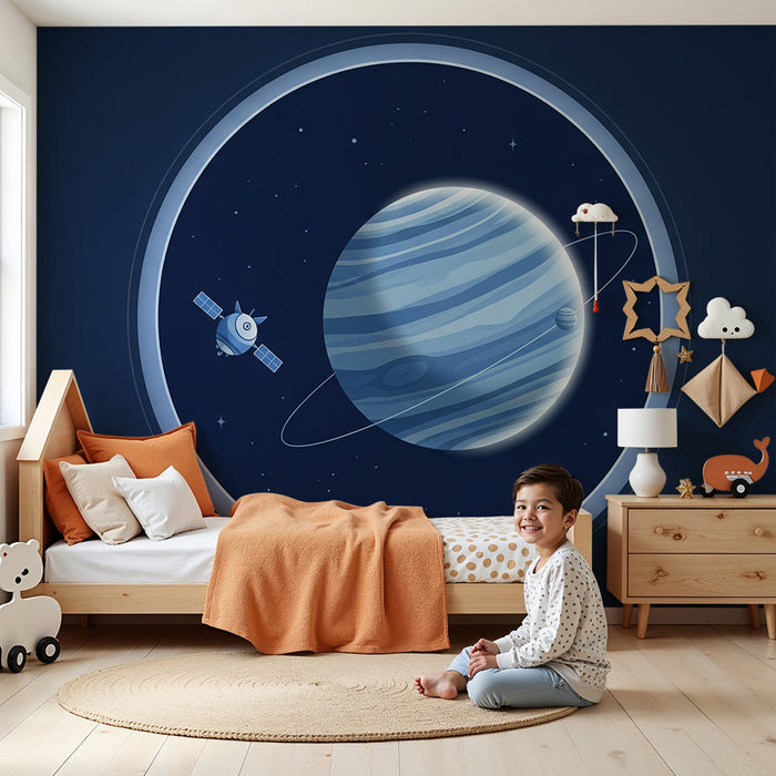 Iată textul tradus în limba română, într-un stil natural și potrivit pentru un site de comerț electronic:

**Tapet cameră copii | Explorare spațială cu planetă uriașă și satelit**