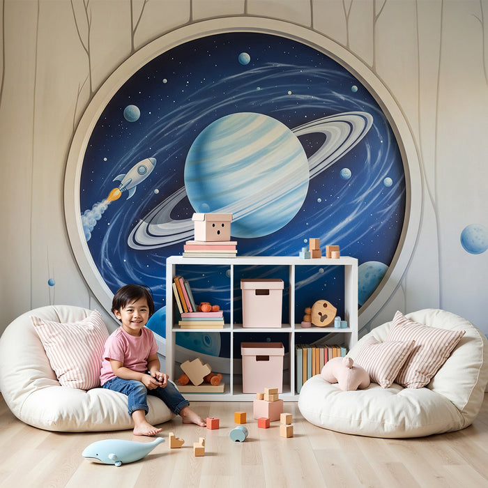 Papier peint chambre enfant | Exploration spatiale avec planètes et fusée