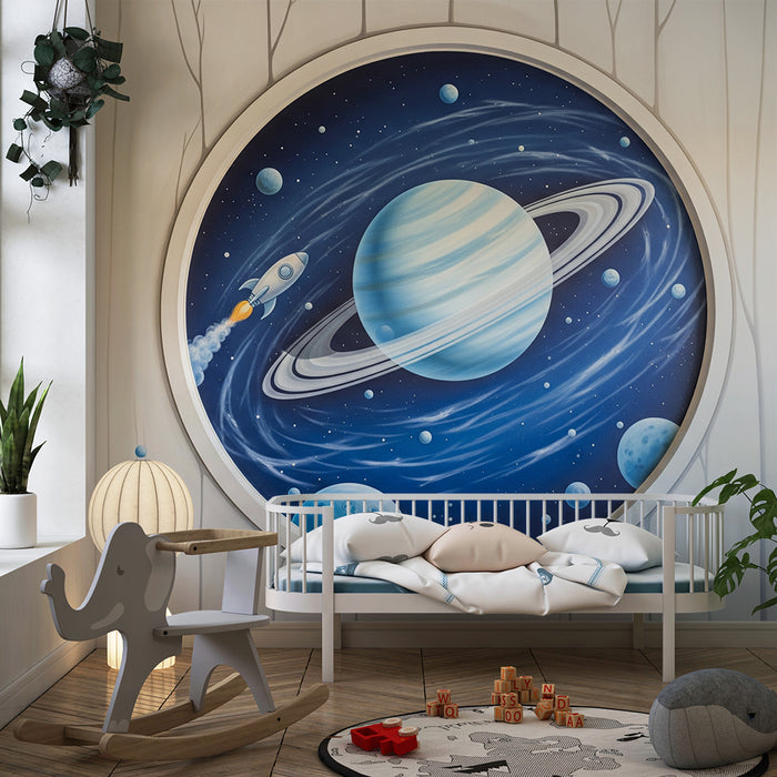 Papier peint chambre enfant | Exploration spatiale avec planètes et fusée