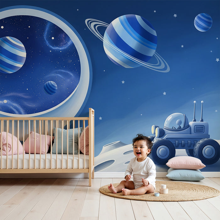 Papel de parede para quarto infantil | Exploração espacial com planetas e rover lunar