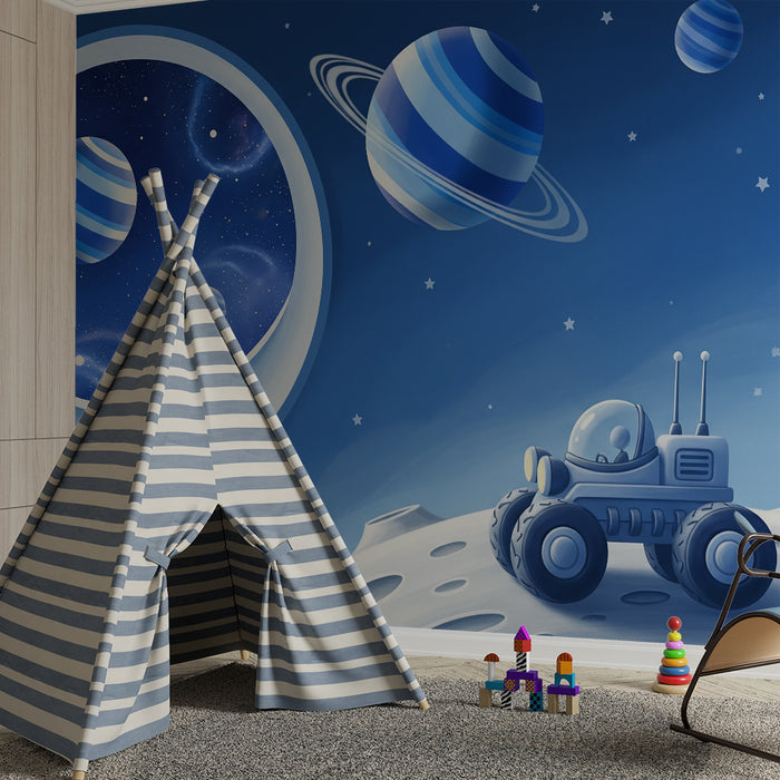 Papel de parede para quarto infantil | Exploração espacial com planetas e rover lunar