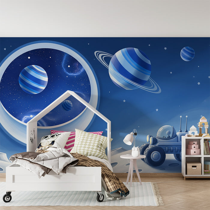 Papel de parede para quarto infantil | Exploração espacial com planetas e rover lunar
