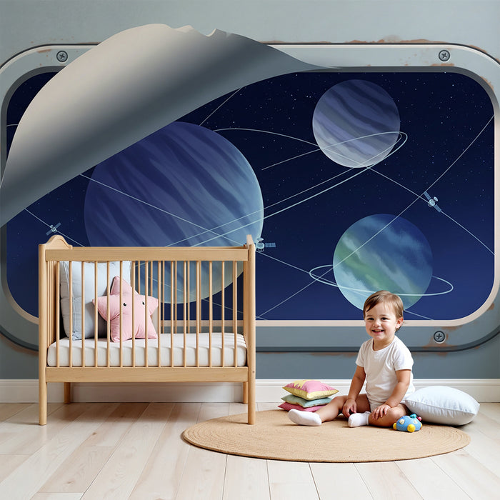 Tapete Kinderzimmer | Weltraumerkundung mit Planeten und Satelliten