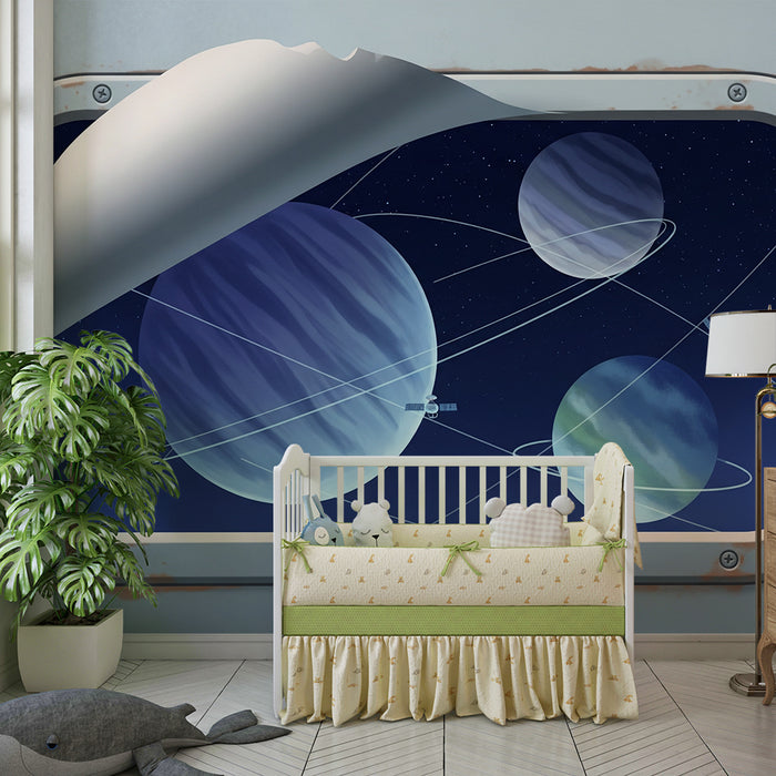 Tapete Kinderzimmer | Weltraumerkundung mit Planeten und Satelliten