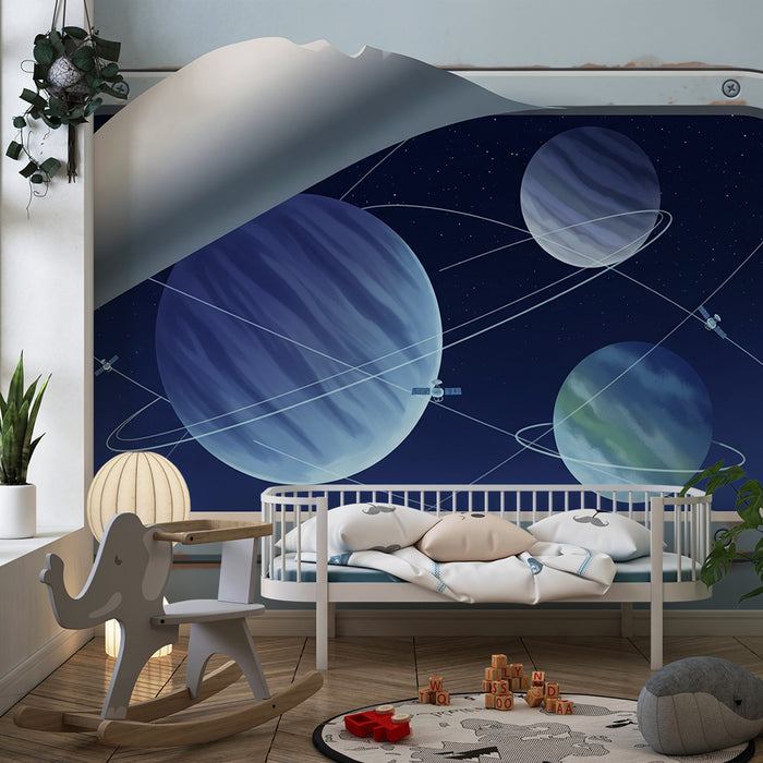 Tapete Kinderzimmer | Weltraumerkundung mit Planeten und Satelliten