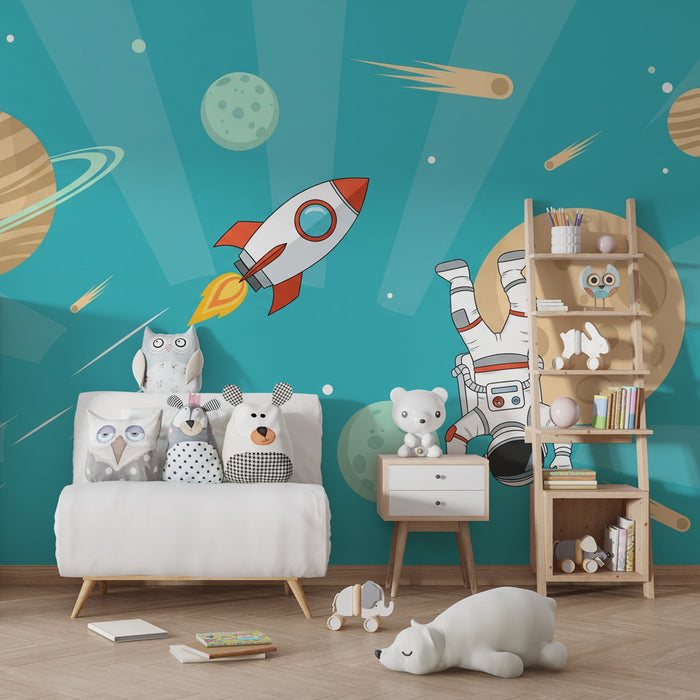 Dětská pokojová tapeta | Vesmírná expedice s astronautem a planetami