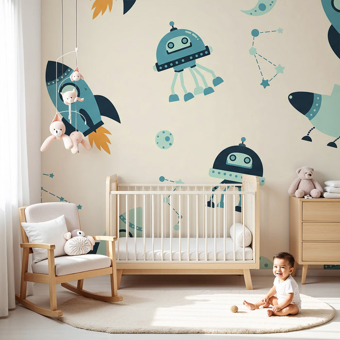 Kids room wallpaper | Space exploration with rockets and robots