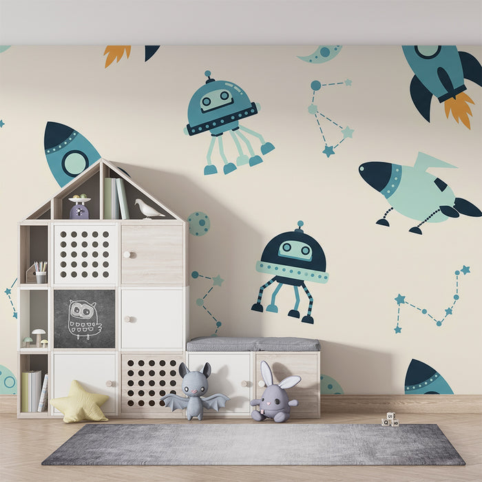 Kids room wallpaper | Space exploration with rockets and robots