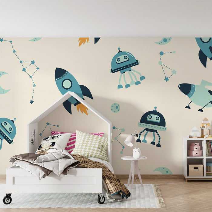 Kids room wallpaper | Space exploration with rockets and robots
