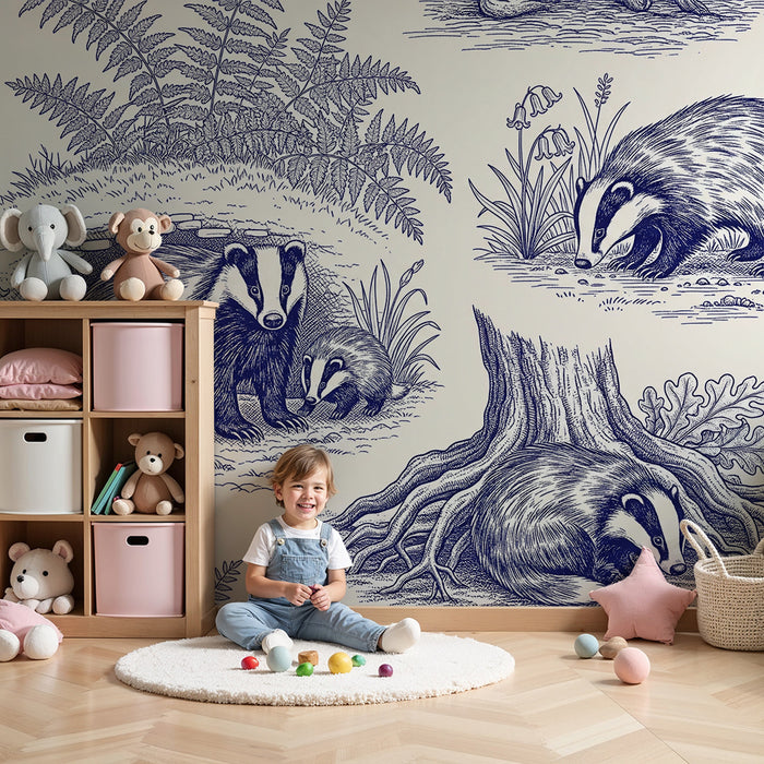 **Text translated to Romanian:**

Tapet pentru camera copiilor | Familie de bursuci într-un decor natural