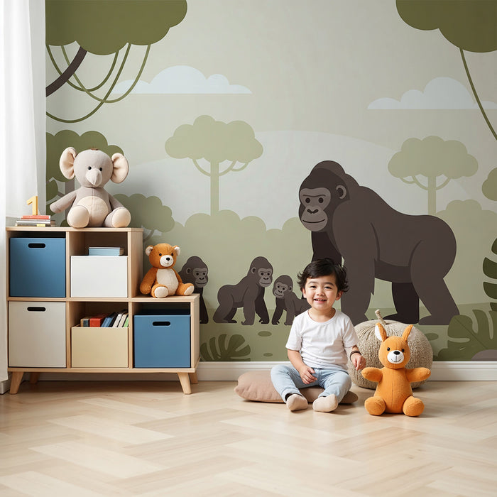 Børneværelses-tapet | Gorillafamilie i en rolig jungle