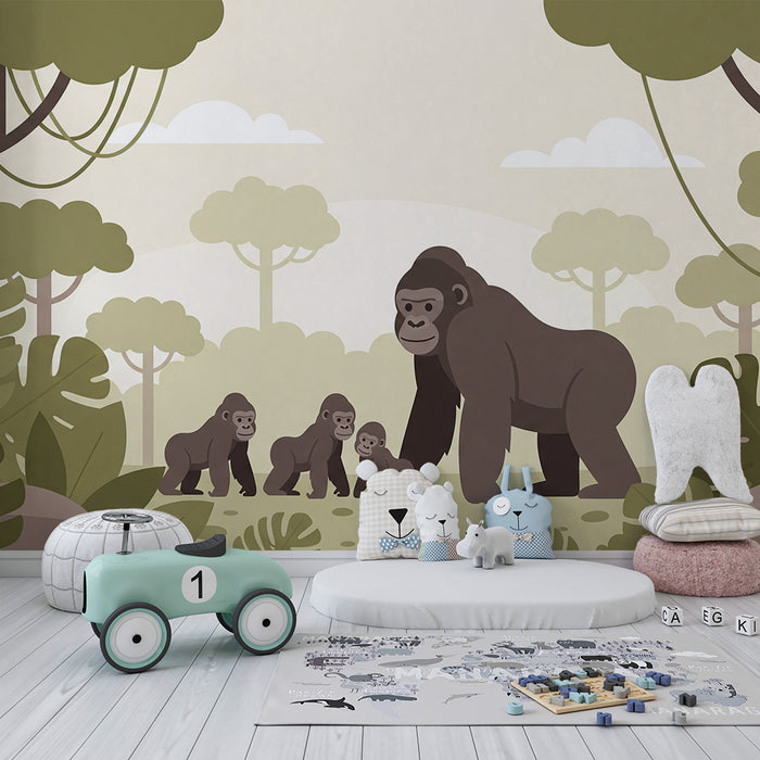 Børneværelses-tapet | Gorillafamilie i en rolig jungle