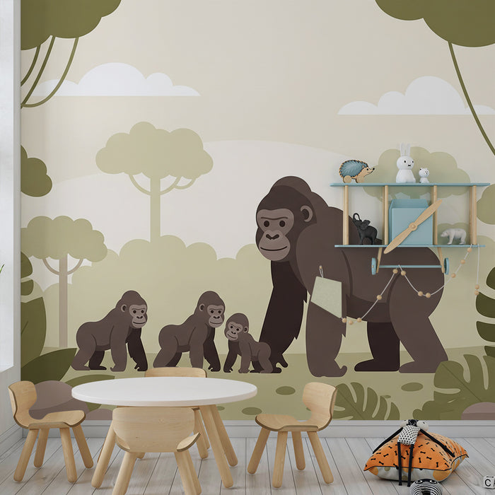 Børneværelses-tapet | Gorillafamilie i en rolig jungle