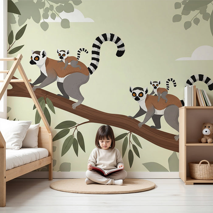 Papier peint chambre enfant | Famille de lémuriens explorant une branche tropicale