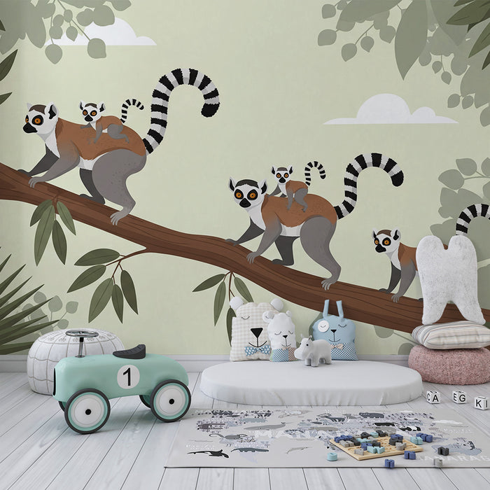 Papier peint chambre enfant | Famille de lémuriens explorant une branche tropicale