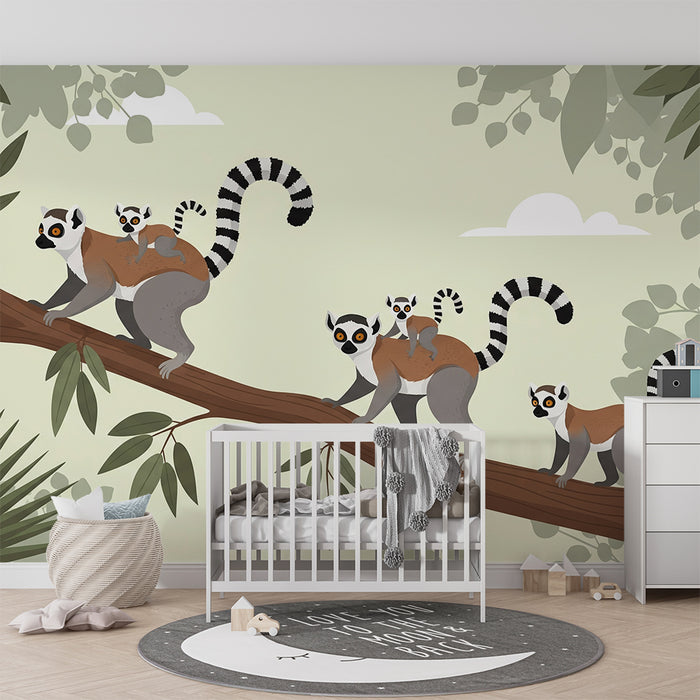 Papier peint chambre enfant | Famille de lémuriens explorant une branche tropicale