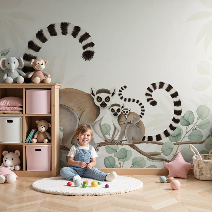 Papier peint chambre enfant | Famille de lémuriens sur une branche avec feuillage doux