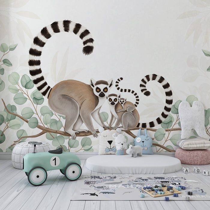 Papier peint chambre enfant | Famille de lémuriens sur une branche avec feuillage doux