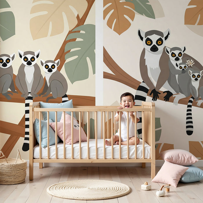 Papier peint chambre enfant | Famille de lémuriens sur une branche avec feuillage tropical