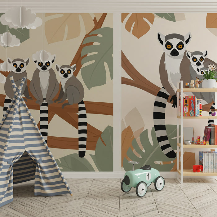 Papier peint chambre enfant | Famille de lémuriens sur une branche avec feuillage tropical