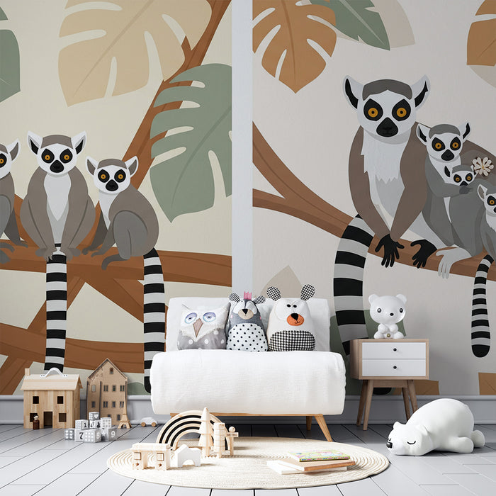 Papier peint chambre enfant | Famille de lémuriens sur une branche avec feuillage tropical