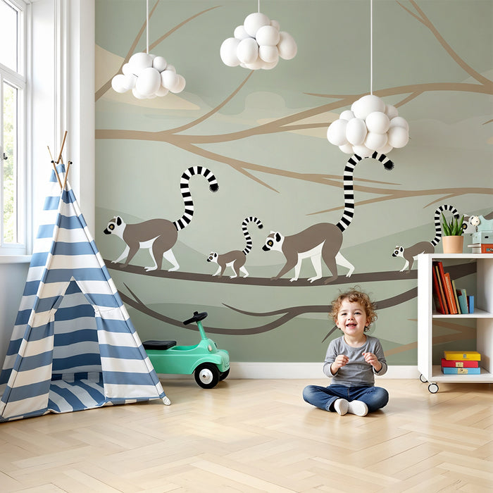 Papier peint chambre enfant | Famille de lémuriens sur une branche dans un décor apaisant