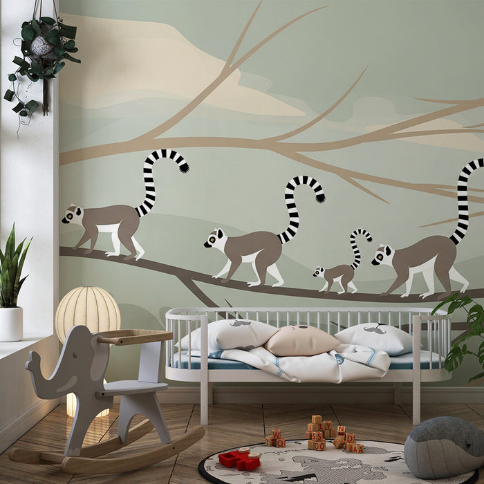 Papier peint chambre enfant | Famille de lémuriens sur une branche dans un décor apaisant