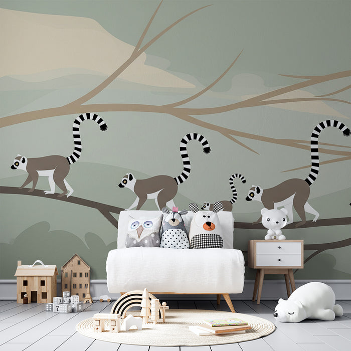 Papier peint chambre enfant | Famille de lémuriens sur une branche dans un décor apaisant